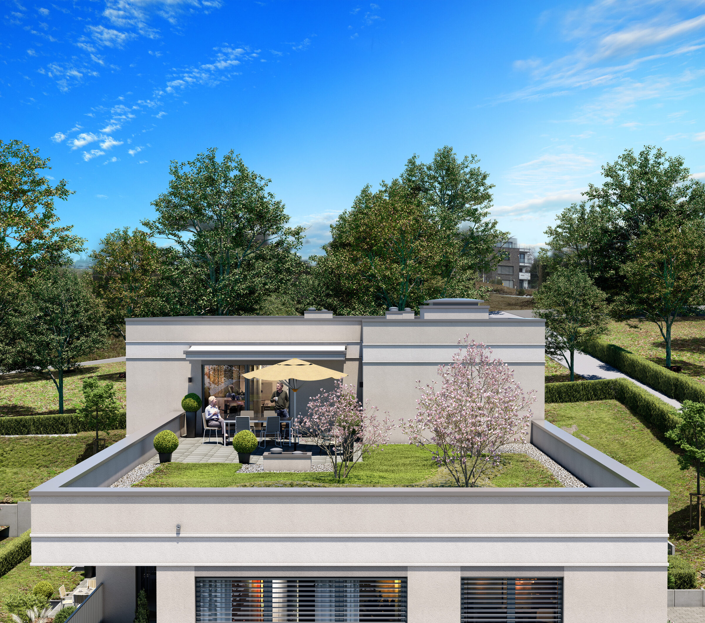 Visualisierung der Dachterrasse mit Dachgarten im Staffelgeschoss von Wohnen am Burgberg